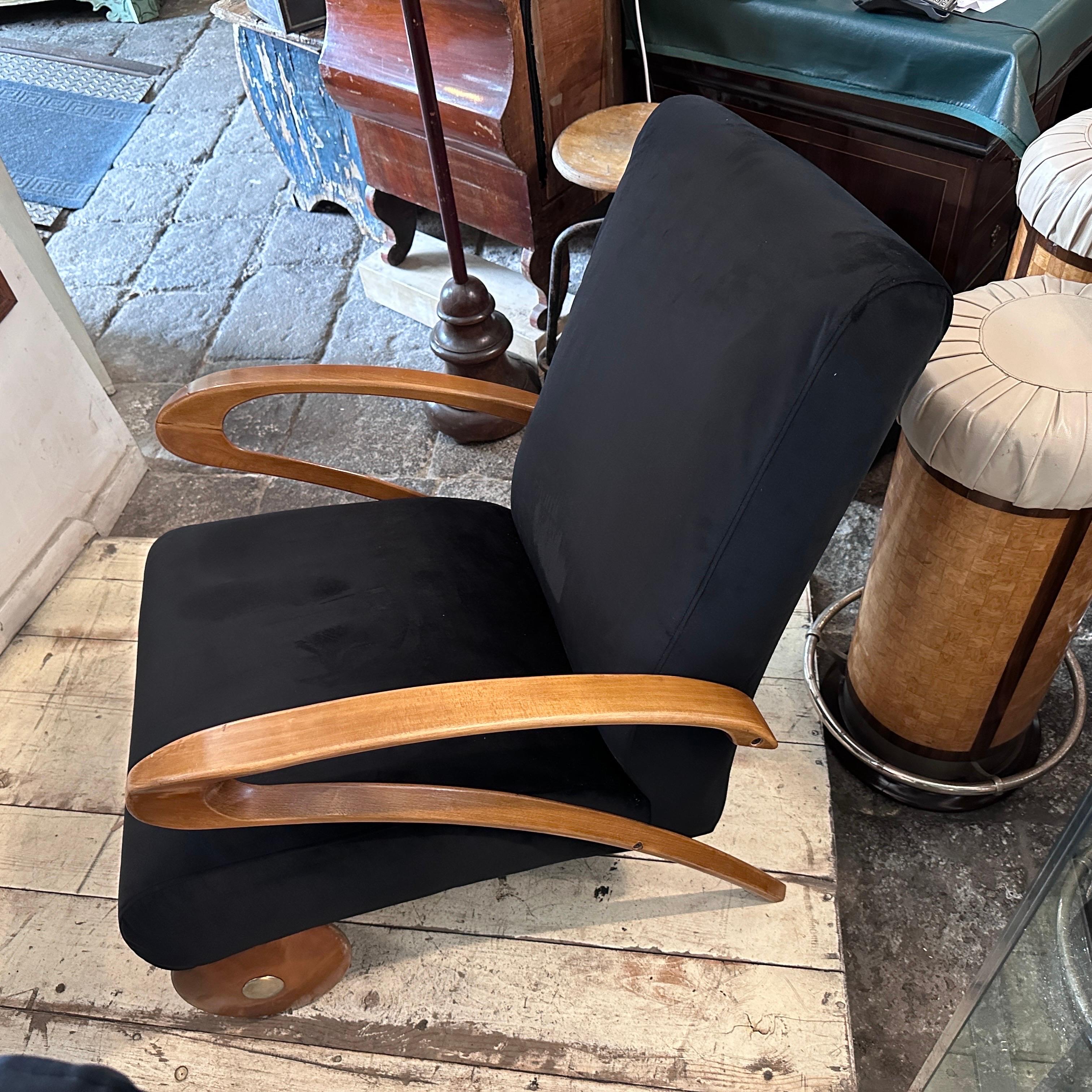 Two Paolo Buffa Style Mid-Century Modern Wood and Black Velvet Italian Armchairs 4