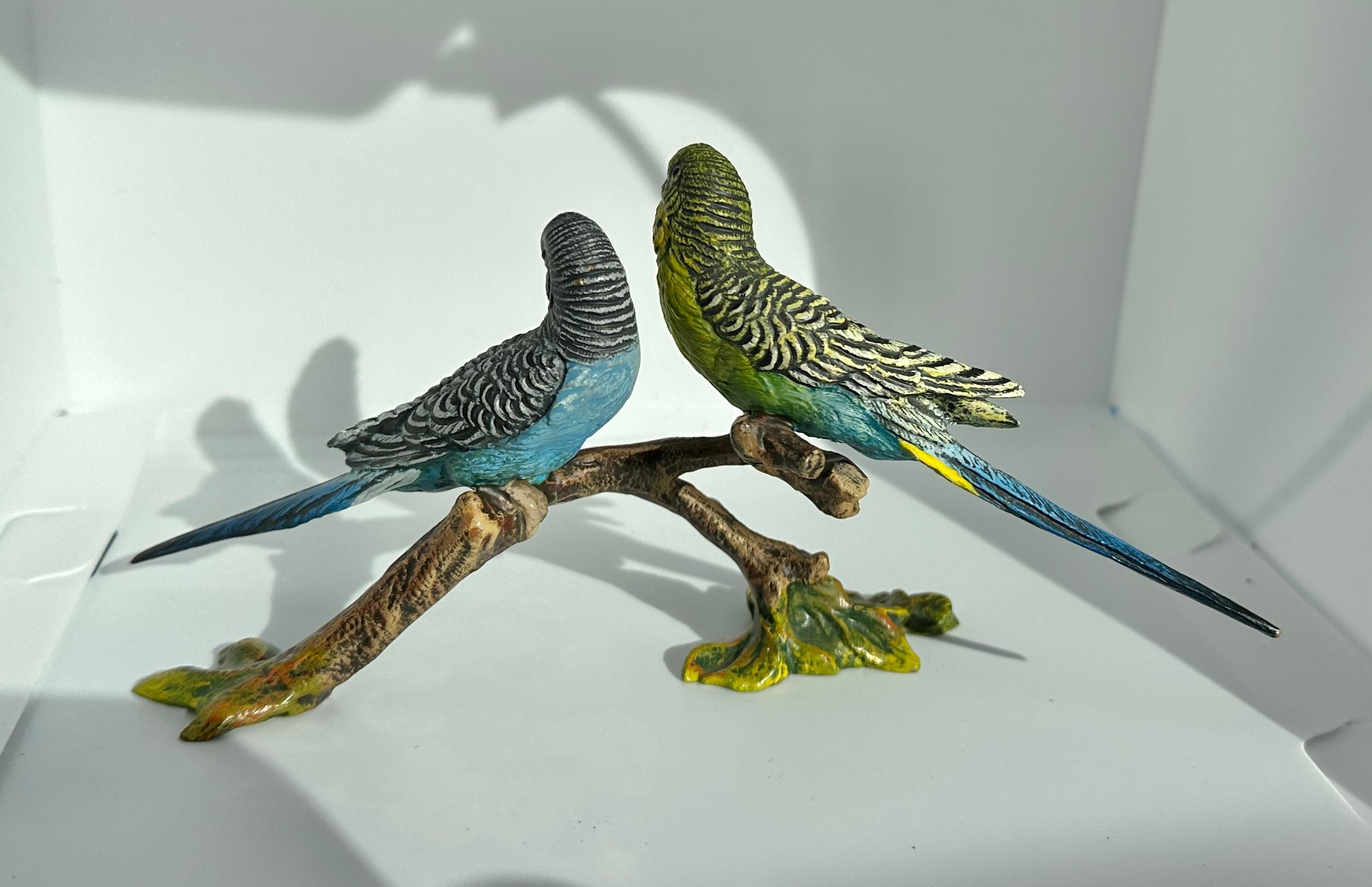 Two Parakeet Birds on Branch Bergman Austrian Vienna Bronze Parakeets Lovebird In Excellent Condition For Sale In New York, NY