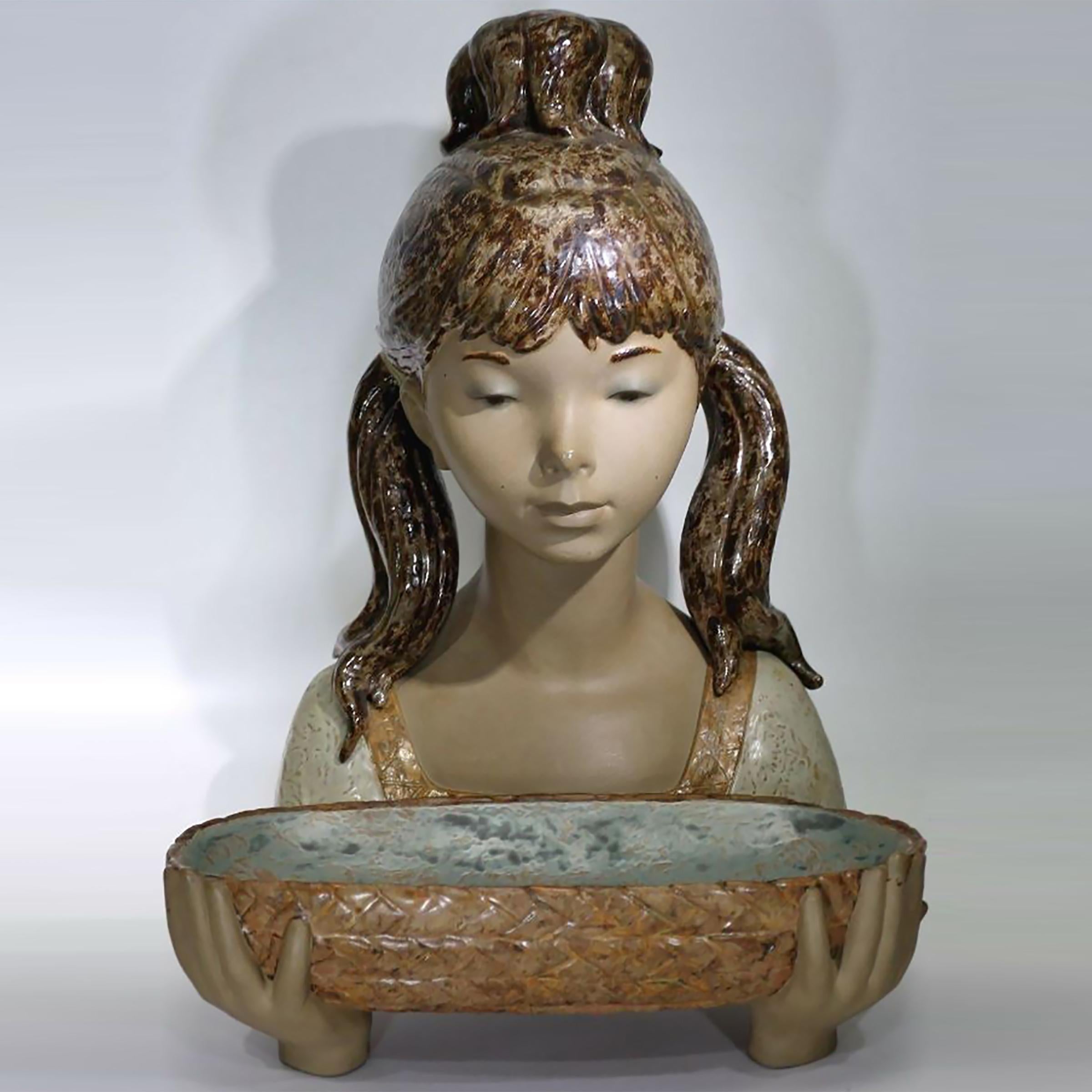The figure consists of 2 parts, the main part is a life-size young girl, the front part is a bowl that the girl is apparently holding in her hands.

The pictures in different angles give an impression of how you should imagine the figure. 
Large