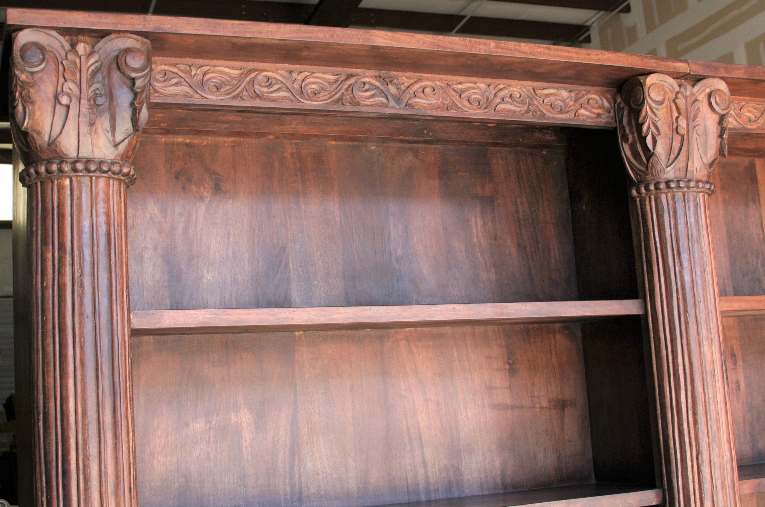 Two Part Large Barrister Teak Wood Bookcase Using 19th Century Columns and Doors In Good Condition For Sale In Houston, TX