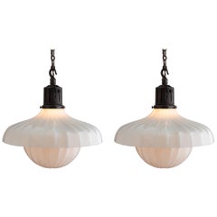 Antique Two-Part Milk Glass and Bronze Pendant by Jefferson, America, circa 1900