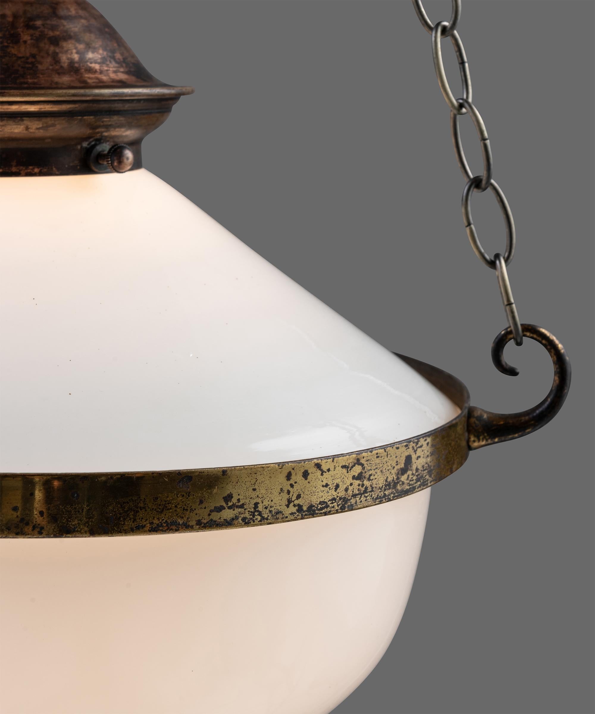 Brass Two Part Opaline Suspension Lamps, England, circa 1930