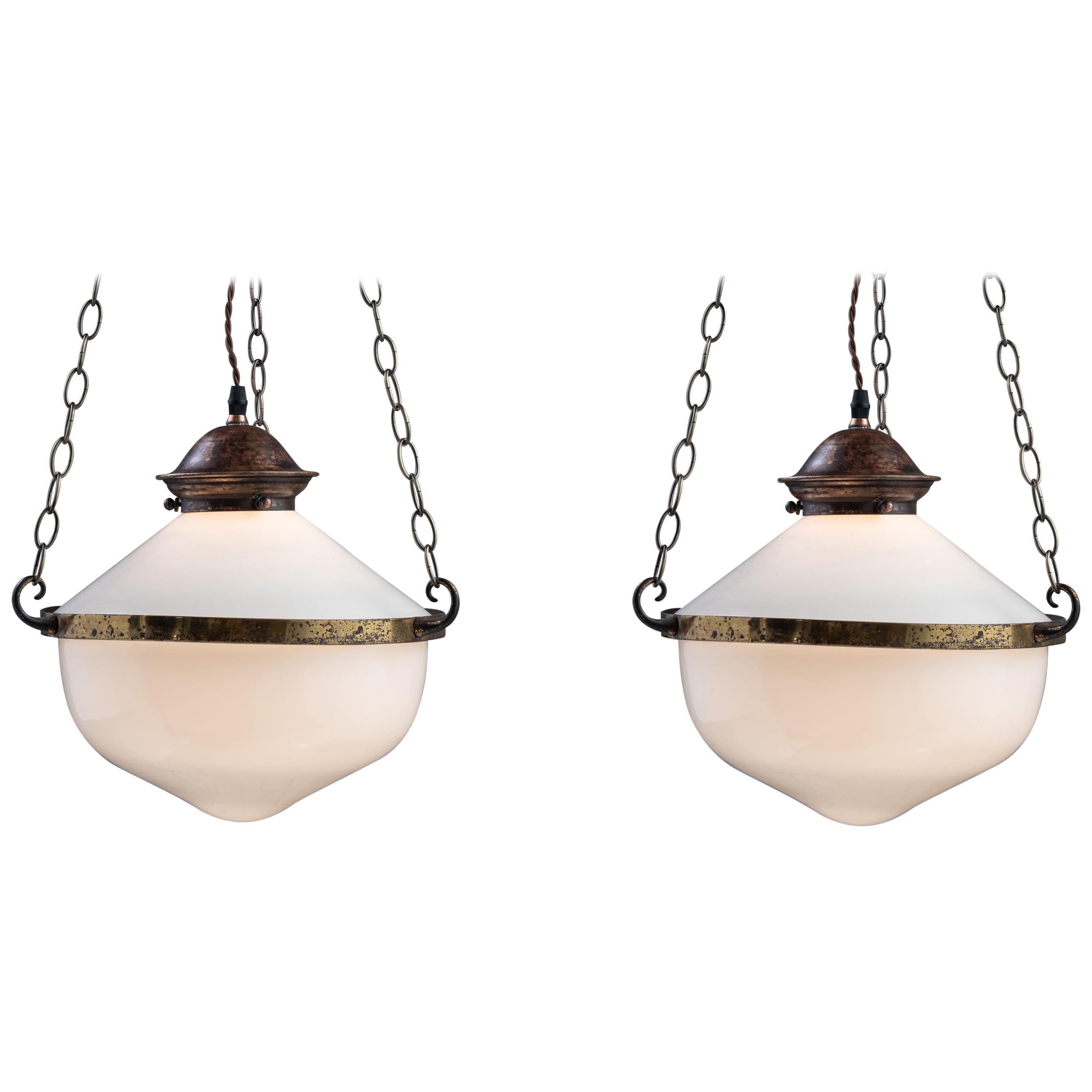 Two Part Opaline Suspension Lamps, England, circa 1930