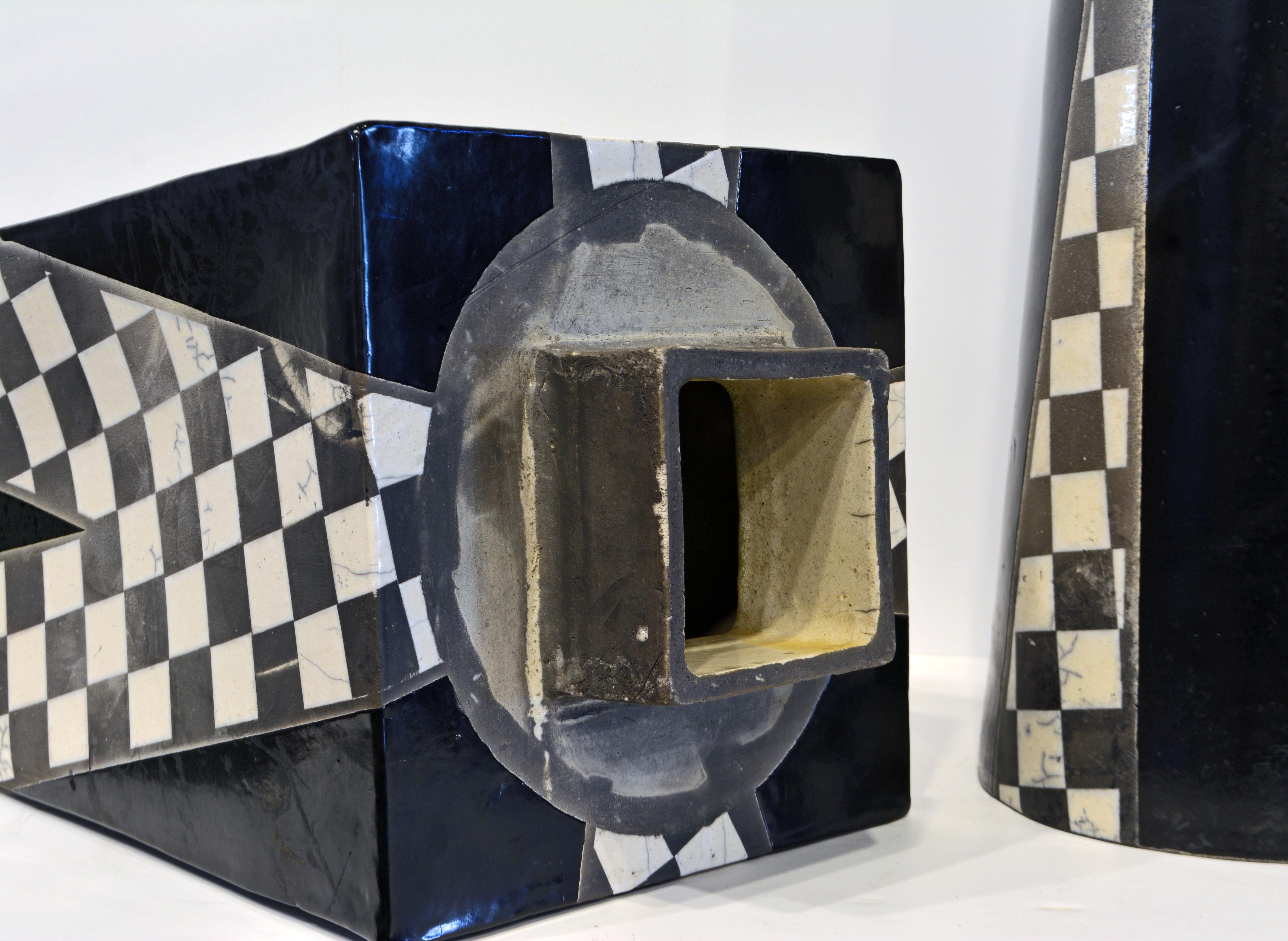 Ceramic Postmodern Geometric  Unique Two Part Slab Built Studio Vessel or Sculpture
