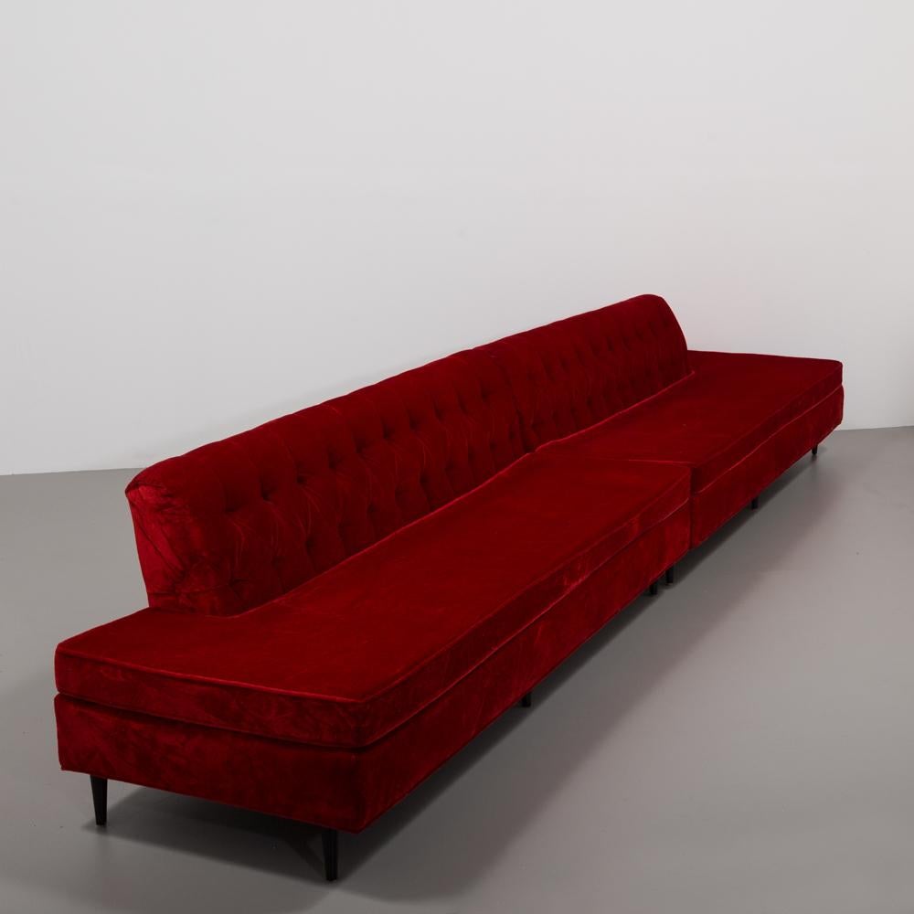 Two Part Red Velvet Upholstered Button Back Sofa, 1950s In Good Condition For Sale In London, GB