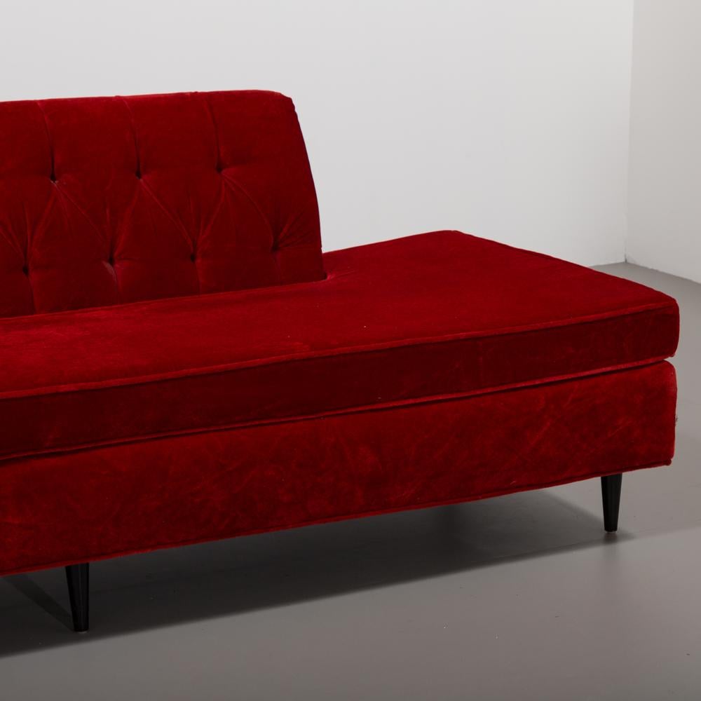 Mid-20th Century Two Part Red Velvet Upholstered Button Back Sofa, 1950s For Sale