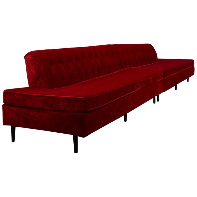 Two Part Red Velvet Upholstered Button Back Sofa, 1950s For Sale at 1stDibs
