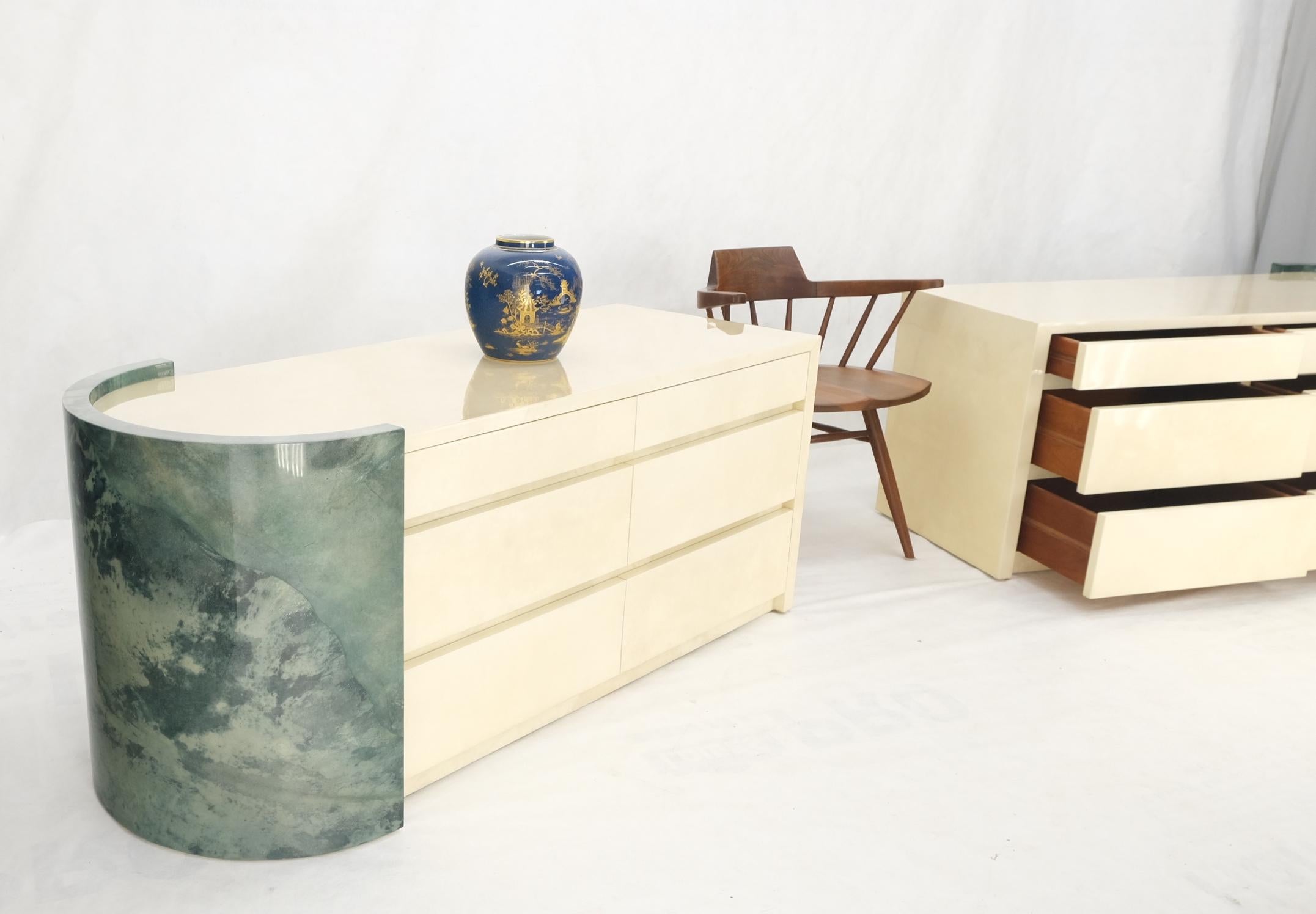 Mid-Century Modern Two Part Side by Side Racetrack Buffed Lacquered Goatskin Dresser Credenza Mint! For Sale