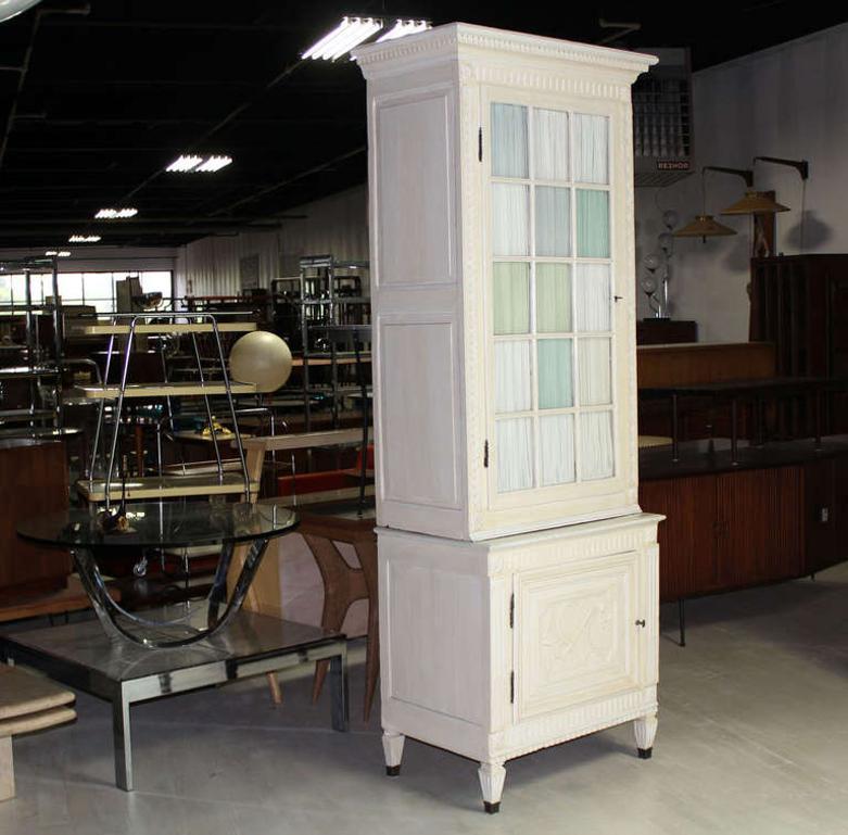 Two Part Step Back Painted White Faux Finish Cupboard Green Blue Glass Vitrine For Sale 3