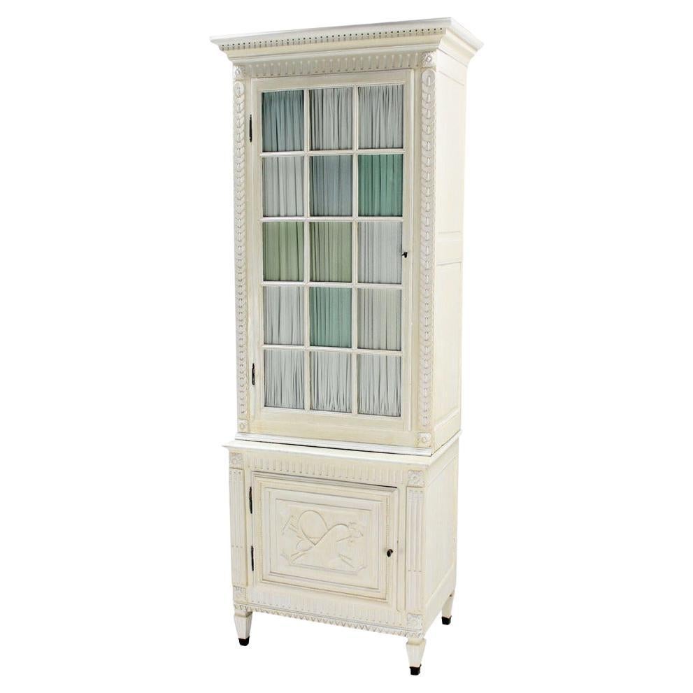 Two Part Step Back Painted White Faux Finish Cupboard Green Blue Glass Vitrine For Sale