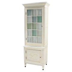 Used Two Part Step Back Painted White Faux Finish Cupboard Green Blue Glass Vitrine