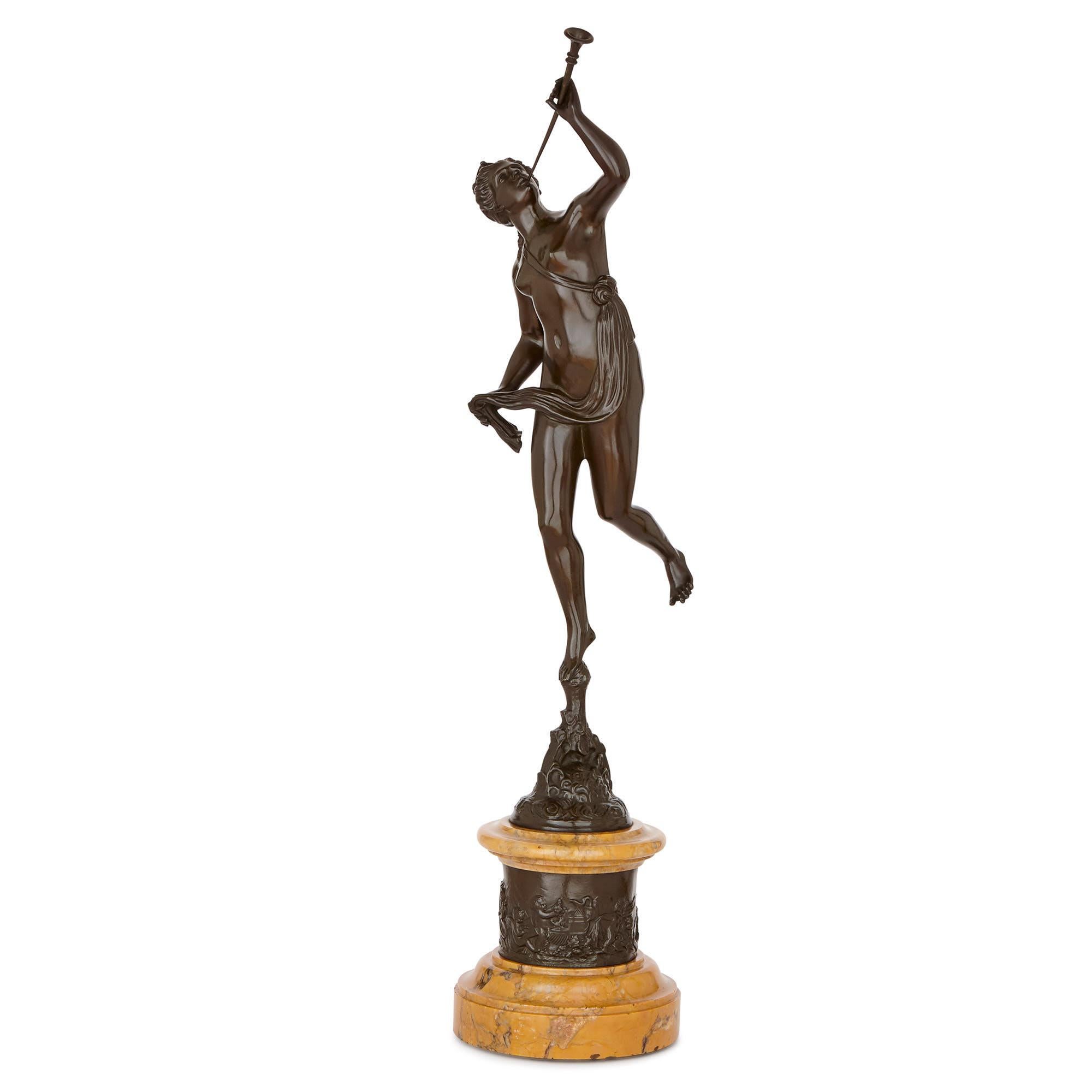 These French 19th century sculptures depict the Roman deities, Mercury and Fortuna. In Roman religion and mythology, Mercury was responsible for delivering messages to the Olympian gods and guiding souls to the underworld. He is thus the god of