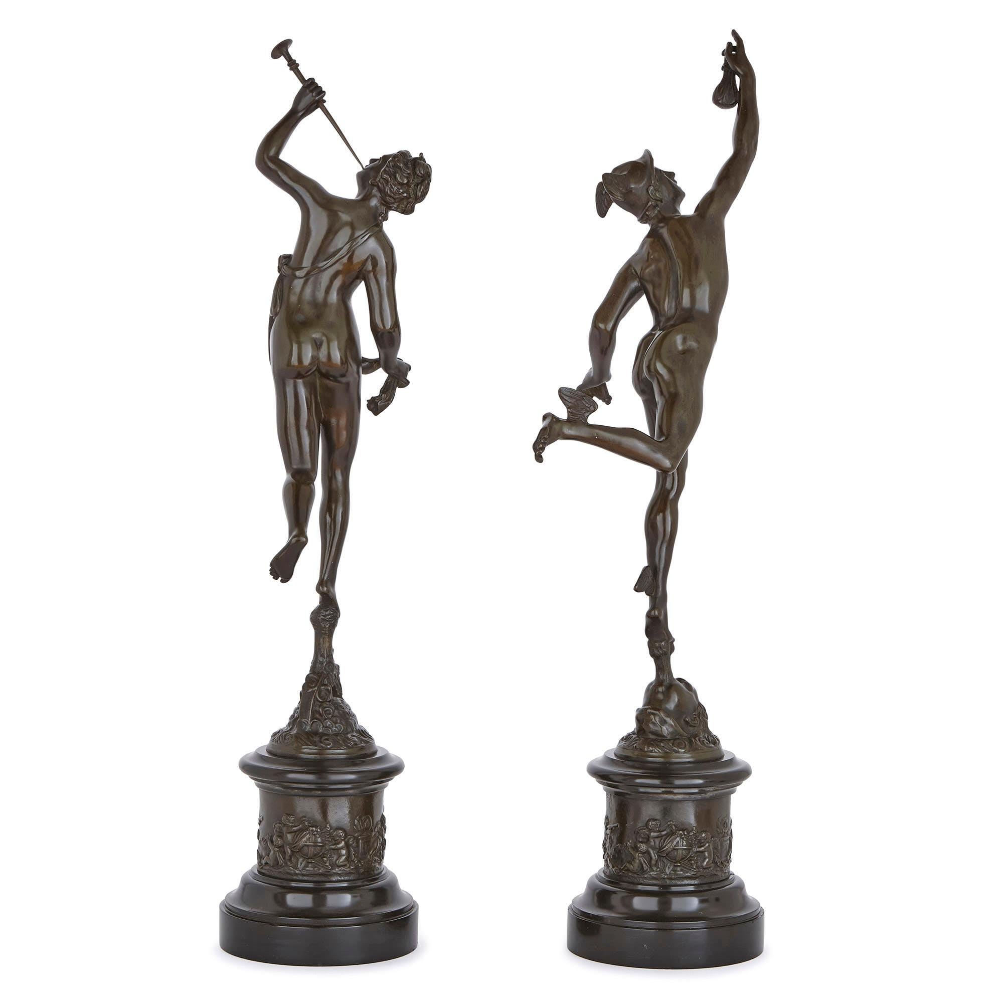 These beautiful patinated bronze sculptures are designed after works by one of the leading sculptors of the Renaissance, Giambologna (1529-1608). Born Jean Boulonge, Giambologna was a Flemish artist who spent most of his career in Italy creating