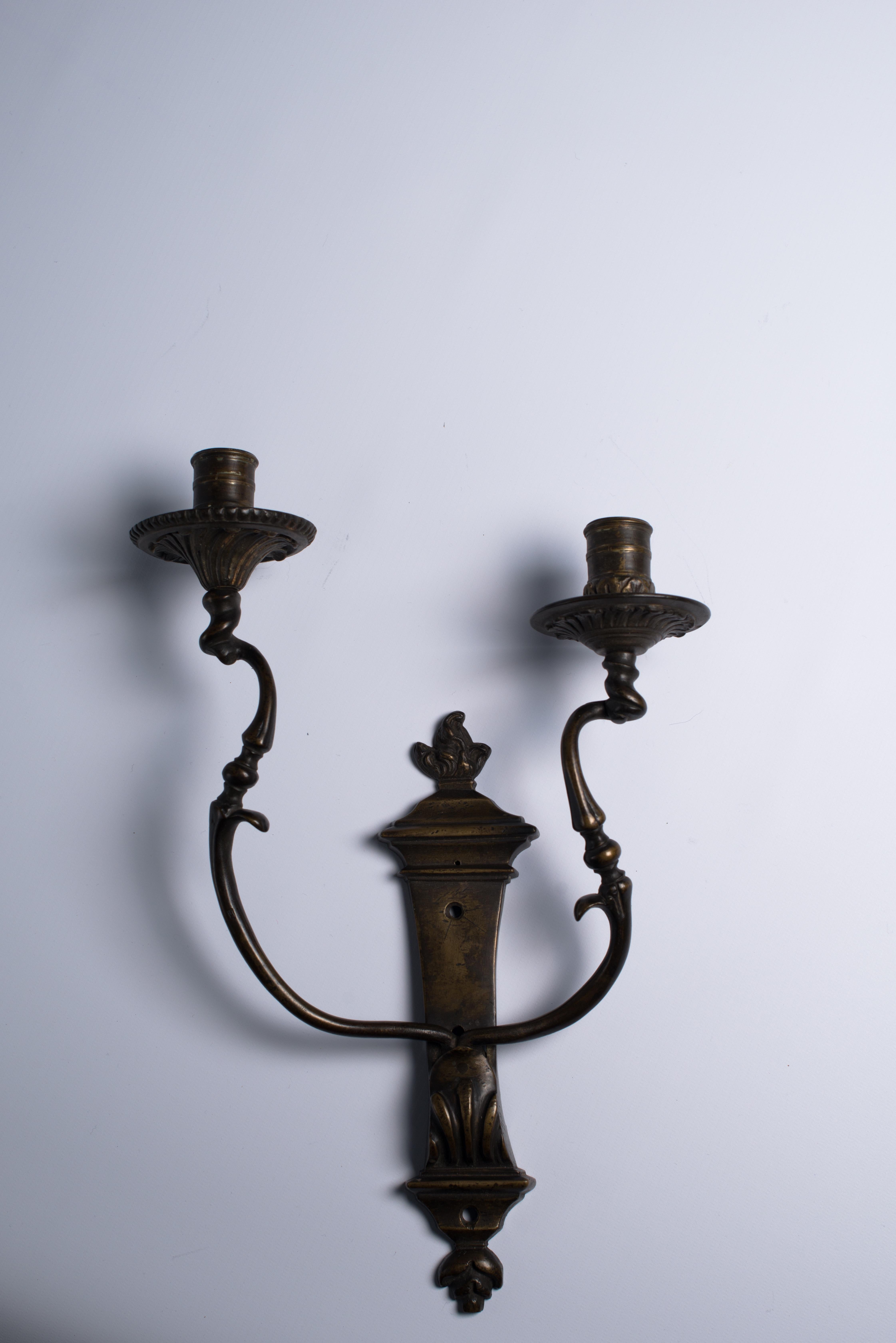 Régence Two Patinated Bronze Two-Light Wall Lights, Mid-18th Century