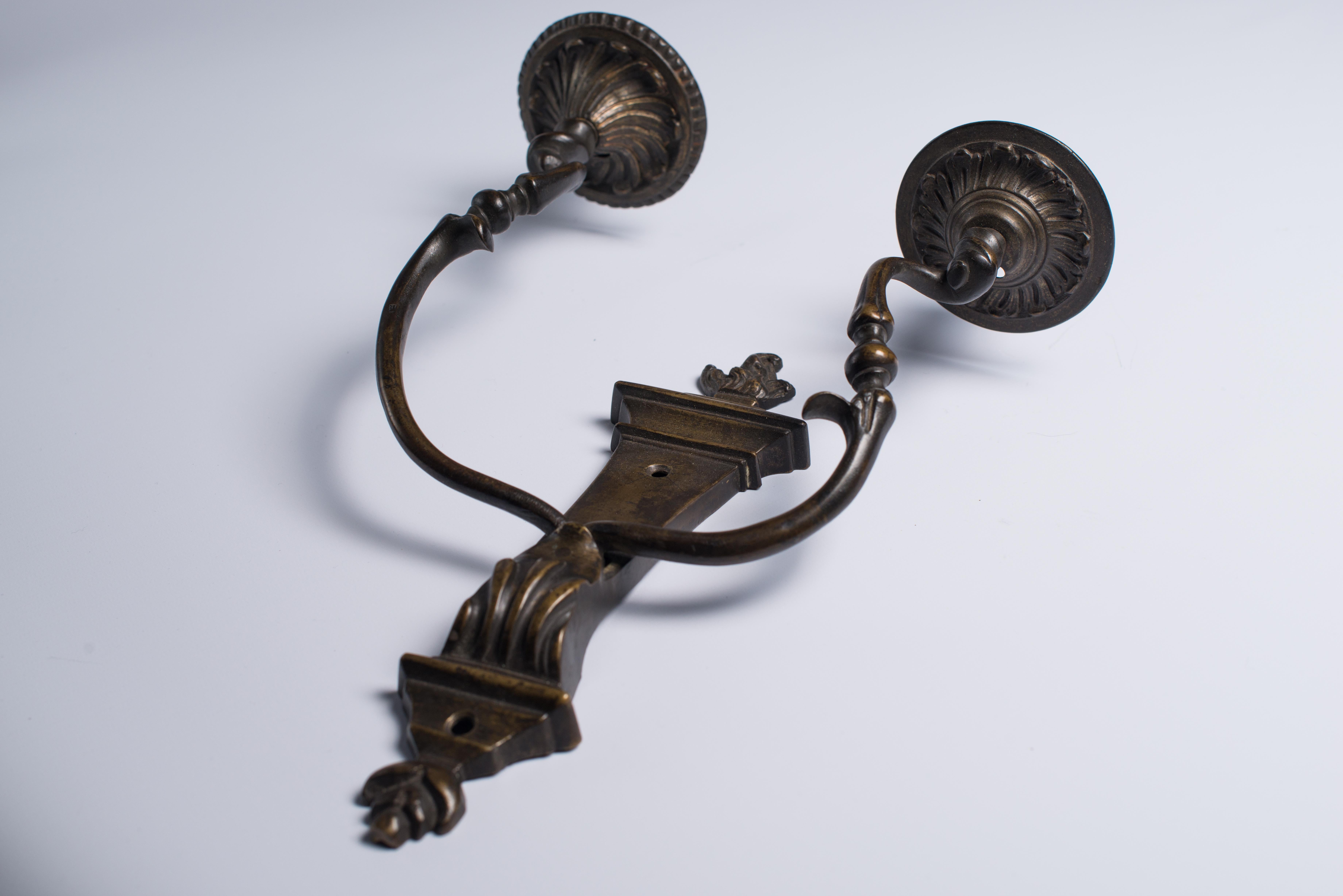 Dutch Two Patinated Bronze Two-Light Wall Lights, Mid-18th Century