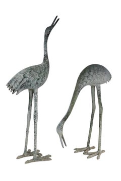 Two Patinated Metal Japanese Style Heron Garden Ornaments