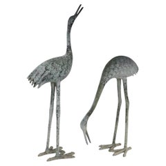 Two Patinated Metal Japanese Style Heron Garden Ornaments