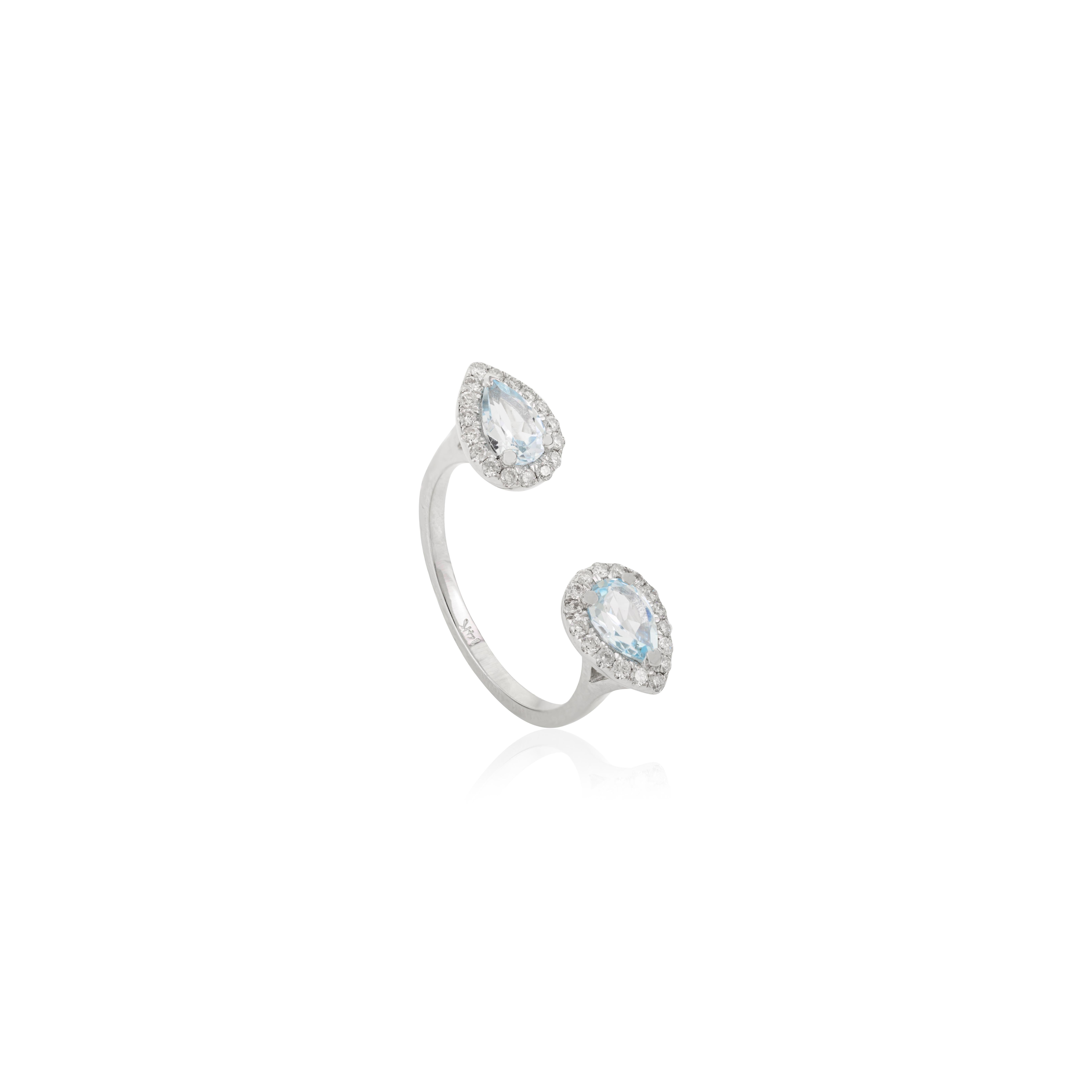 For Sale:  Two Pear Shaped Blue Topaz Halo Diamond Open Ring in 14 Karat Solid White Gold 4