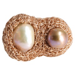 Two Pearl Statement 14 Kt Rose Gold F Woven One-of-a-Kind Artist Cocktail Ring