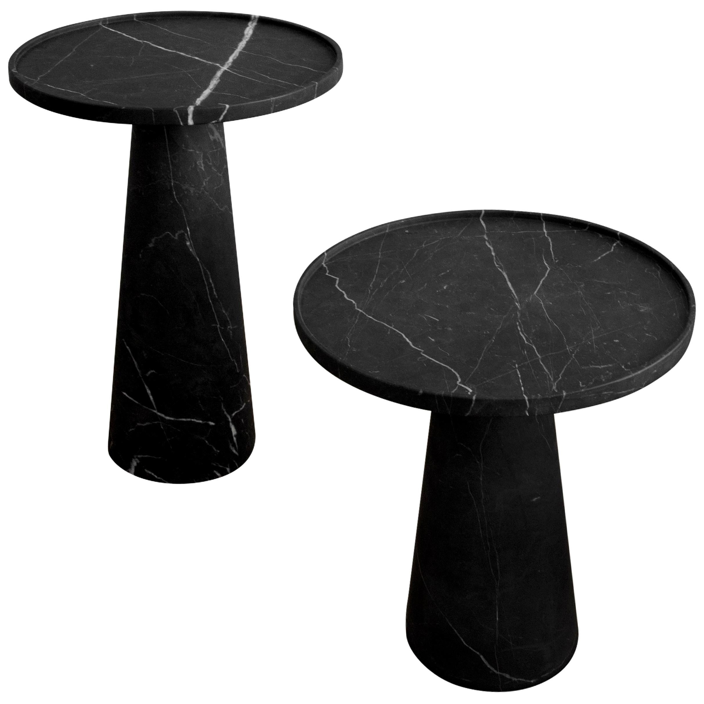 Two Pedestal Black Marble Side Tables Set