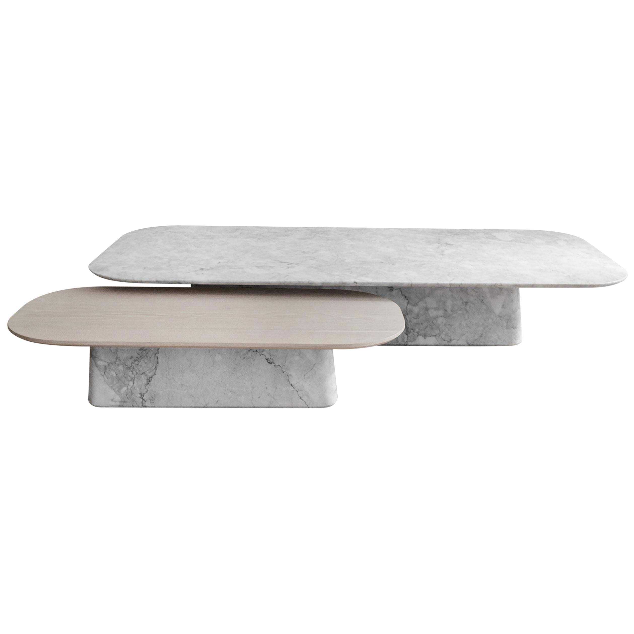 Two Pedestal Coffee Tables in White Marble and White Oak Veneer For Sale