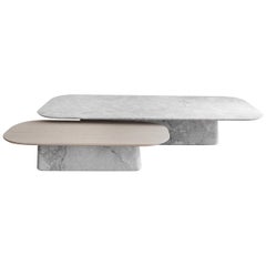 Two Pedestal Coffee Tables in White Marble and White Oak Veneer