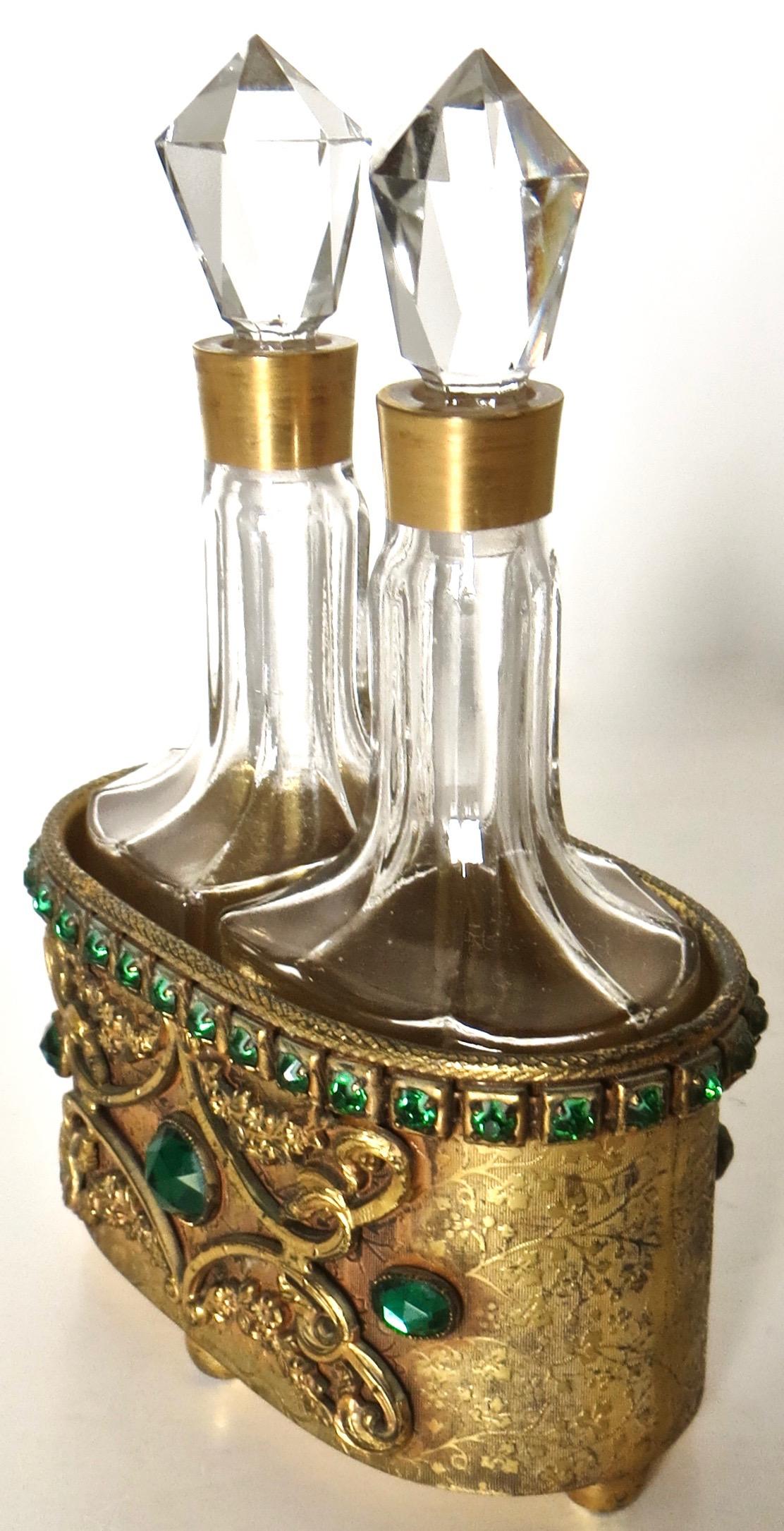Faceted Two Perfume Bottles in Fitted Casket on Decorated Tray by E. & J. Bass, Ca 1900 For Sale