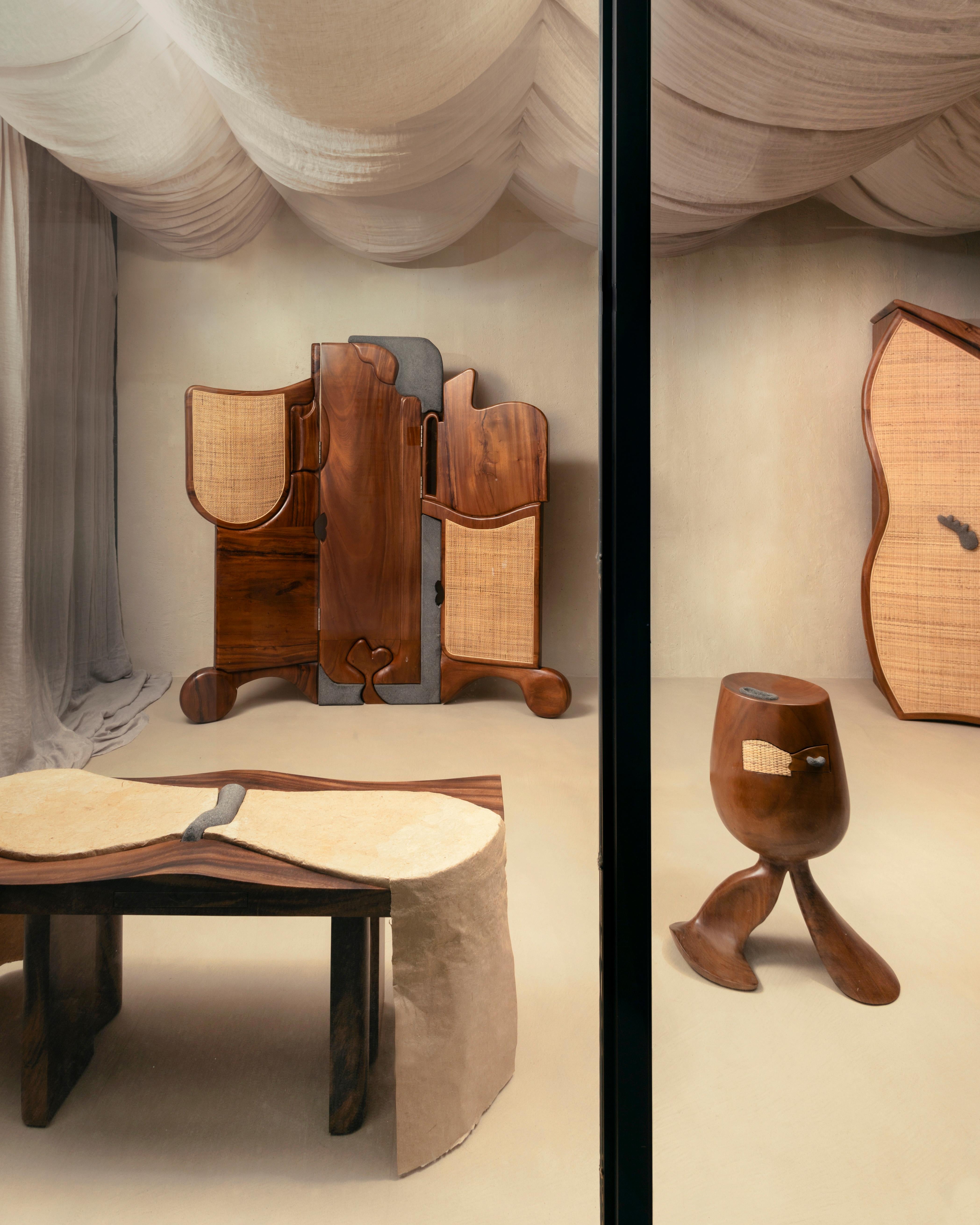 Stone Two-Person Teak Bench by Kim Mupangilaï
