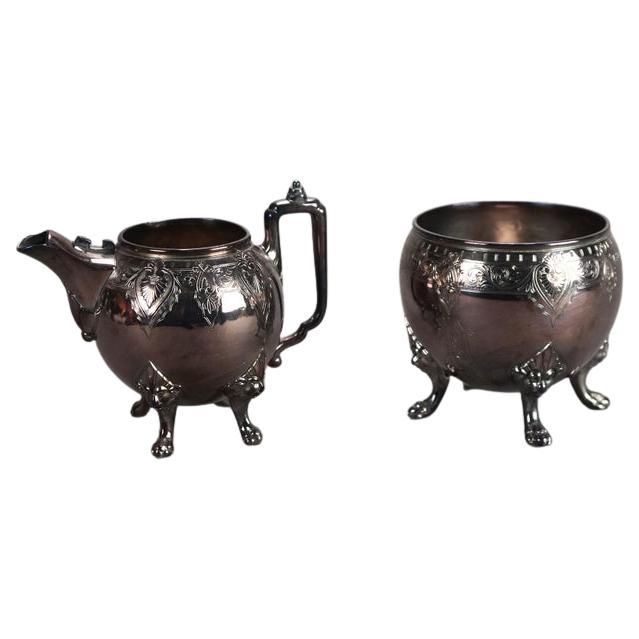 Two Piece Antique Silver Plated Clawfoot Tea Set C1890