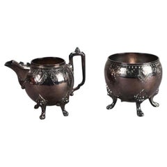 Two Piece Antique Silver Plated Clawfoot Tea Set C1890