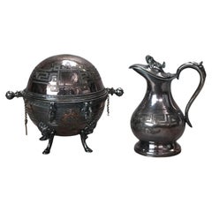 Two Piece Antique Silver Plated Creamer & Sugar Bowl Set with Greek Key C1890