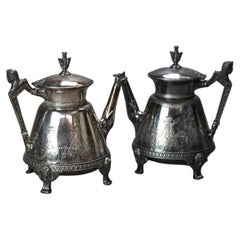 Two Piece Antique Silver Plated Figural & Footed Teapots C1890