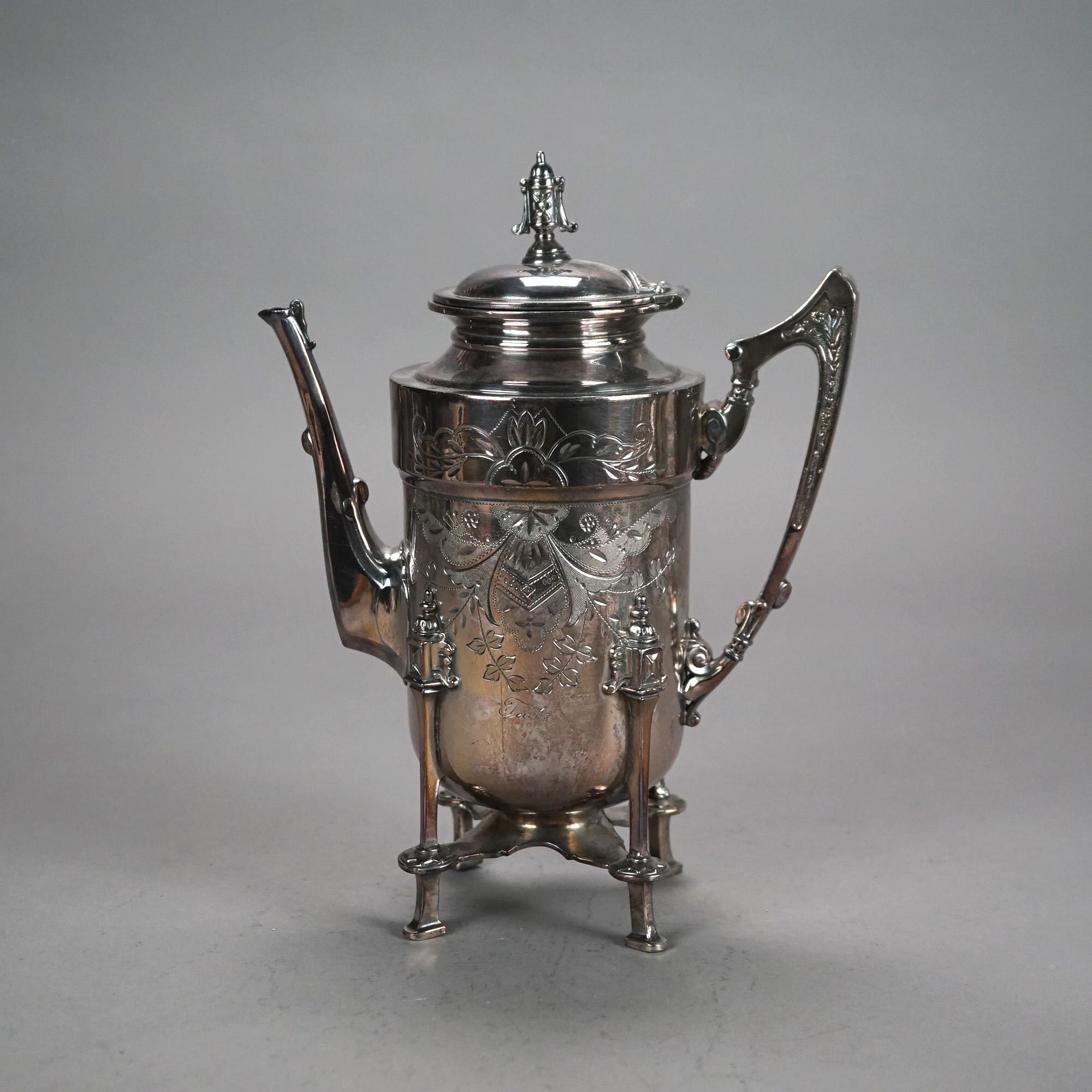 XIX secolo Set da tè antico in argento placcato in due pezzi con incisione a fogliame C1890 in vendita
