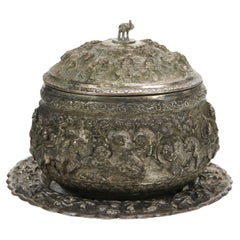 Two-Piece Antique Tibetan School Hammered Silver Plated Covered Tureen c1910