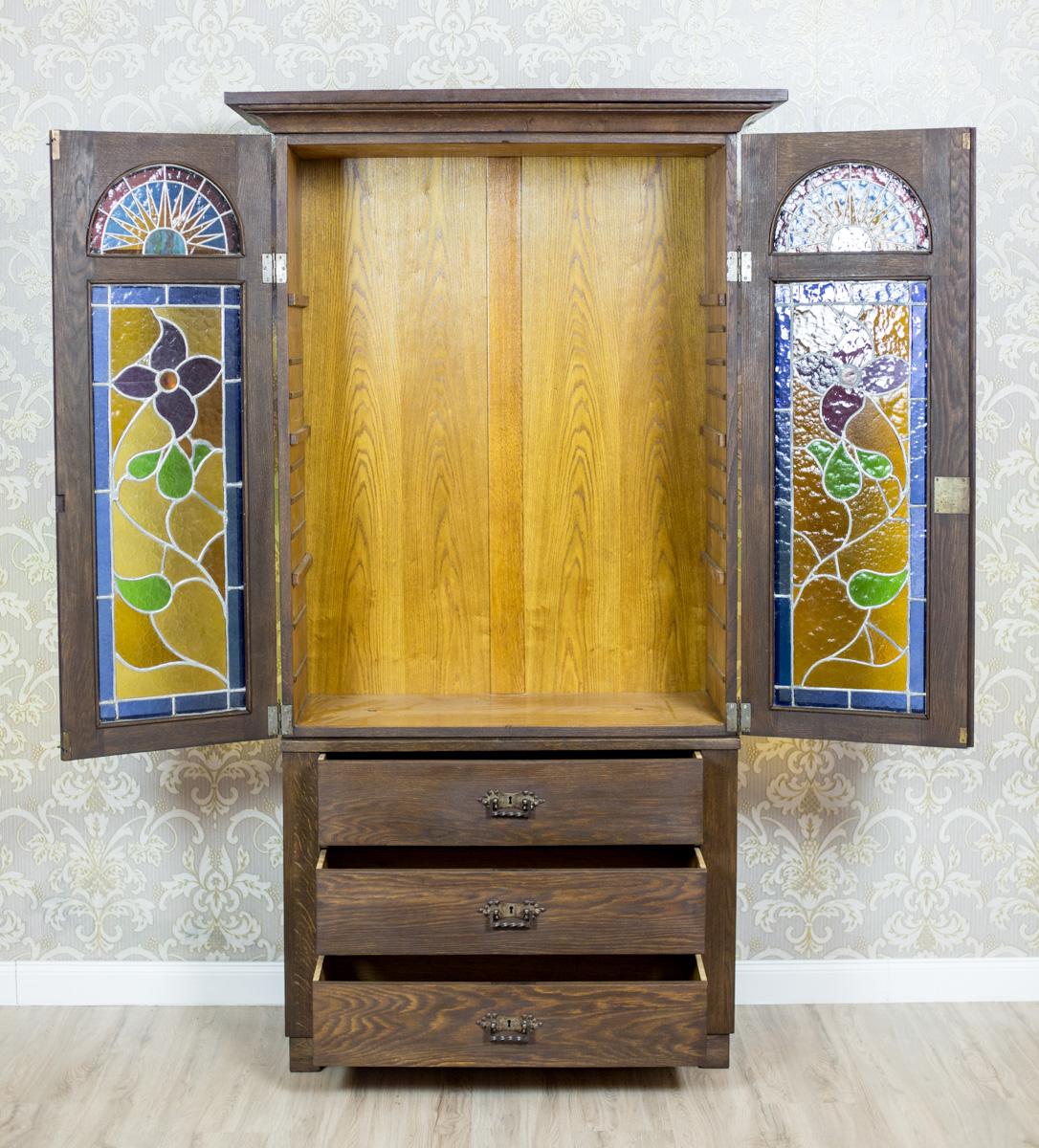 European Two-Piece Closet or Cupboard with Stained Glass, circa 1930