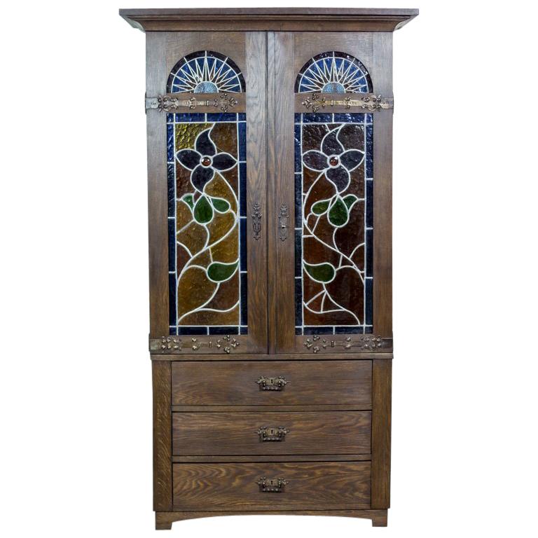 Two-Piece Closet or Cupboard with Stained Glass, circa 1930