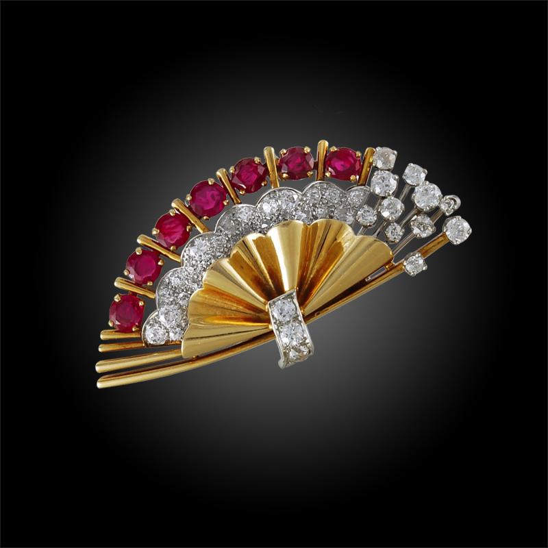 Round Cut Two-Piece Diamond and Ruby Fan Brooch