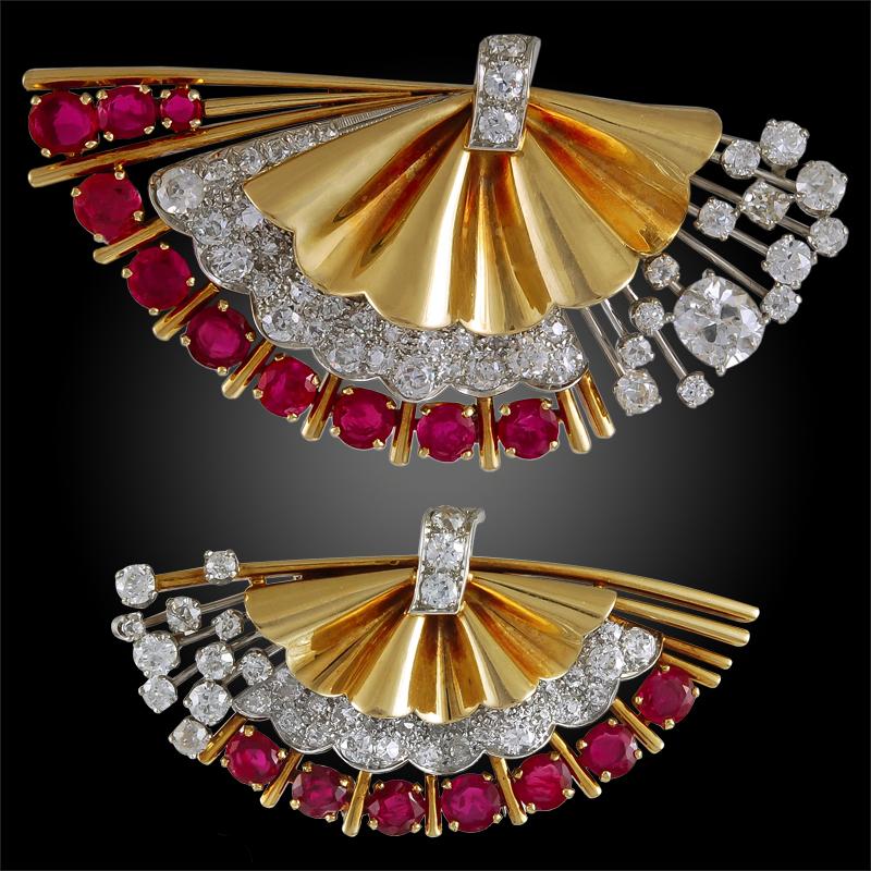 Two-Piece Diamond and Ruby Fan Brooch In Good Condition In New York, NY