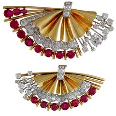 Two-Piece Diamond and Ruby Fan Brooch