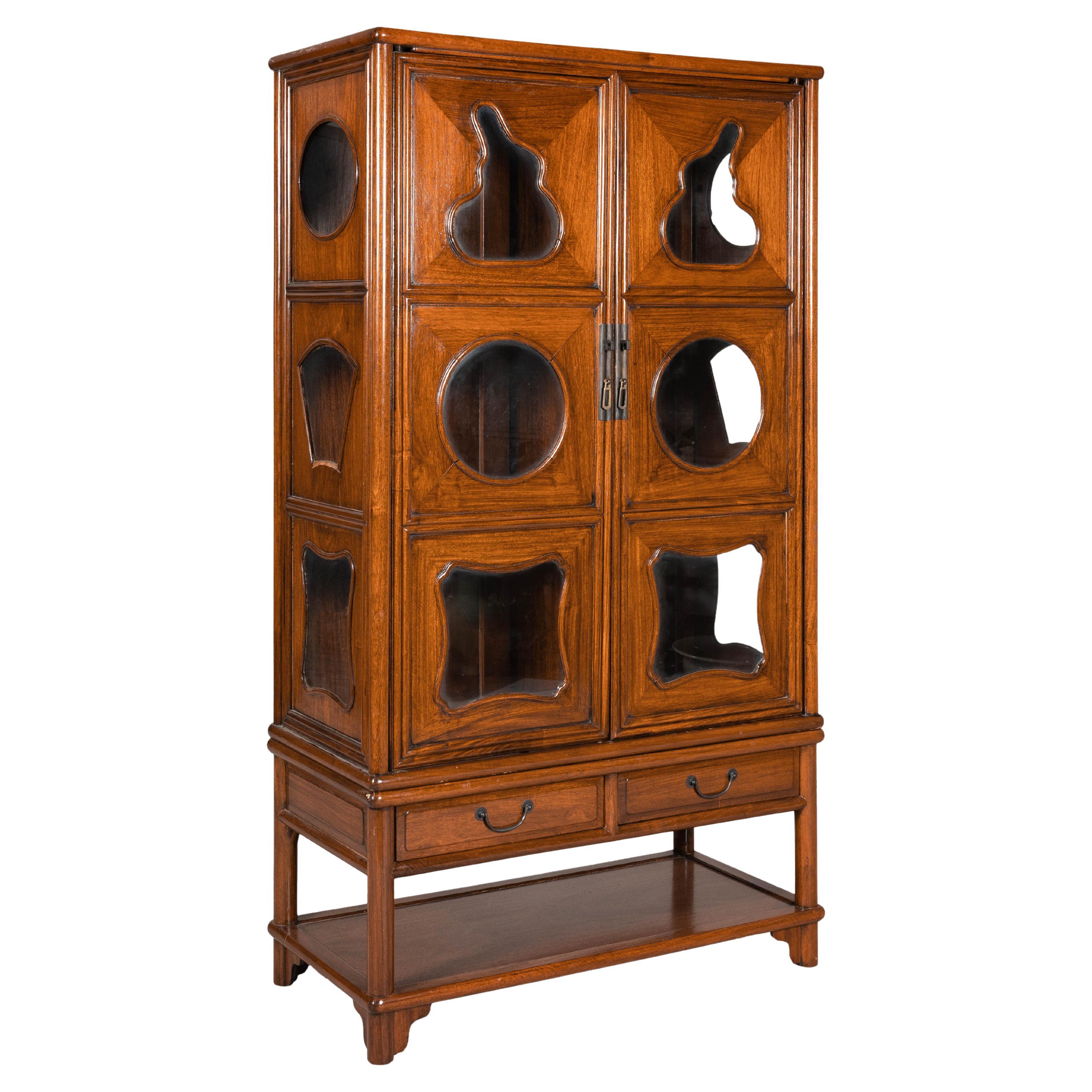 Two-Piece Hardwood Display Cabinet with Glass Paneled Cutouts