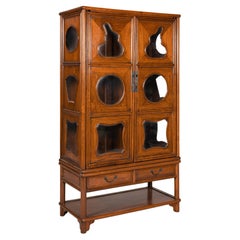Two-Piece Hardwood Display Cabinet with Glass Paneled Cutouts