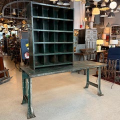 Two Piece Industrial Green Metal Workbench With Cubby Tool Storage