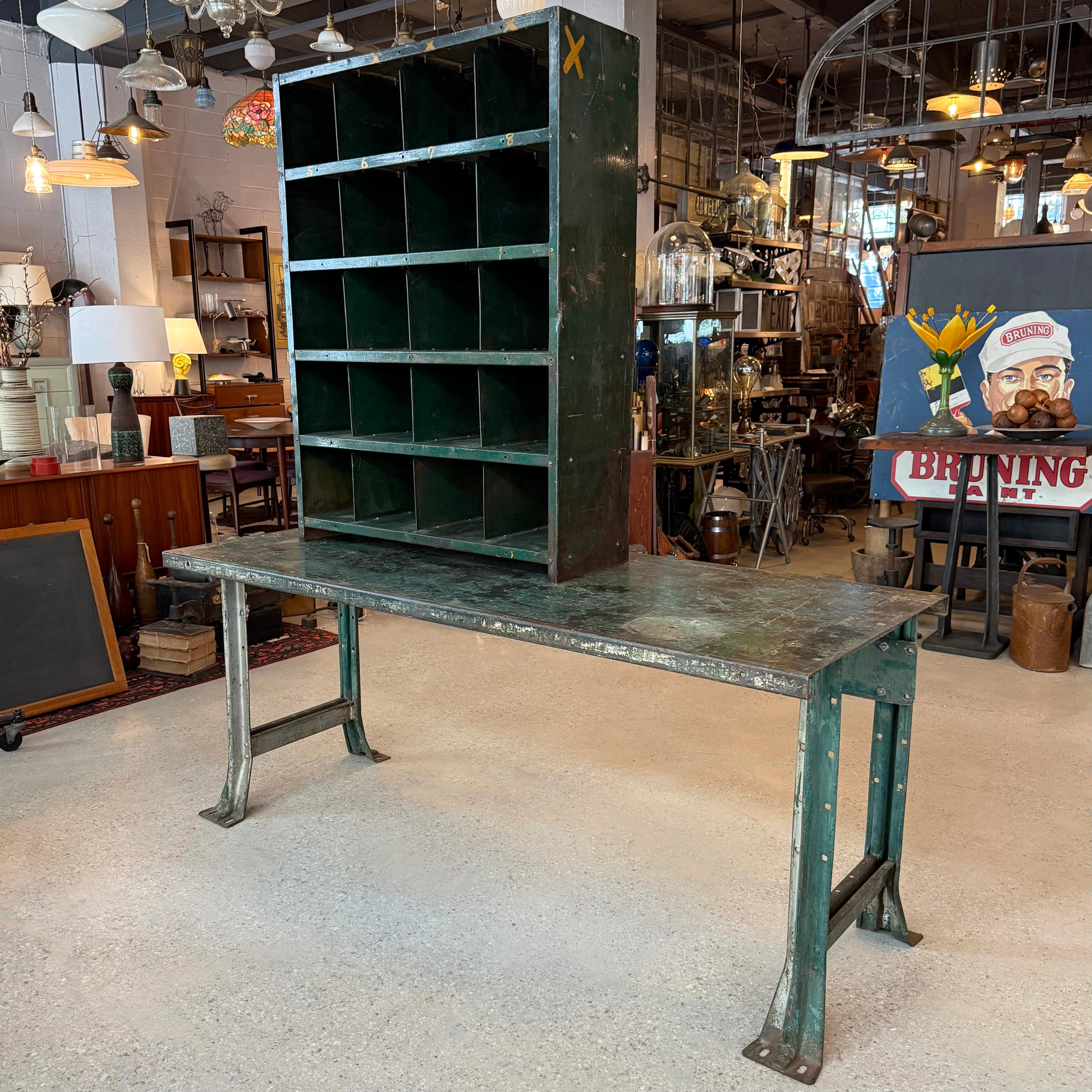 American Two Piece Industrial Green Metal Workbench With Cubby Tool Storage For Sale
