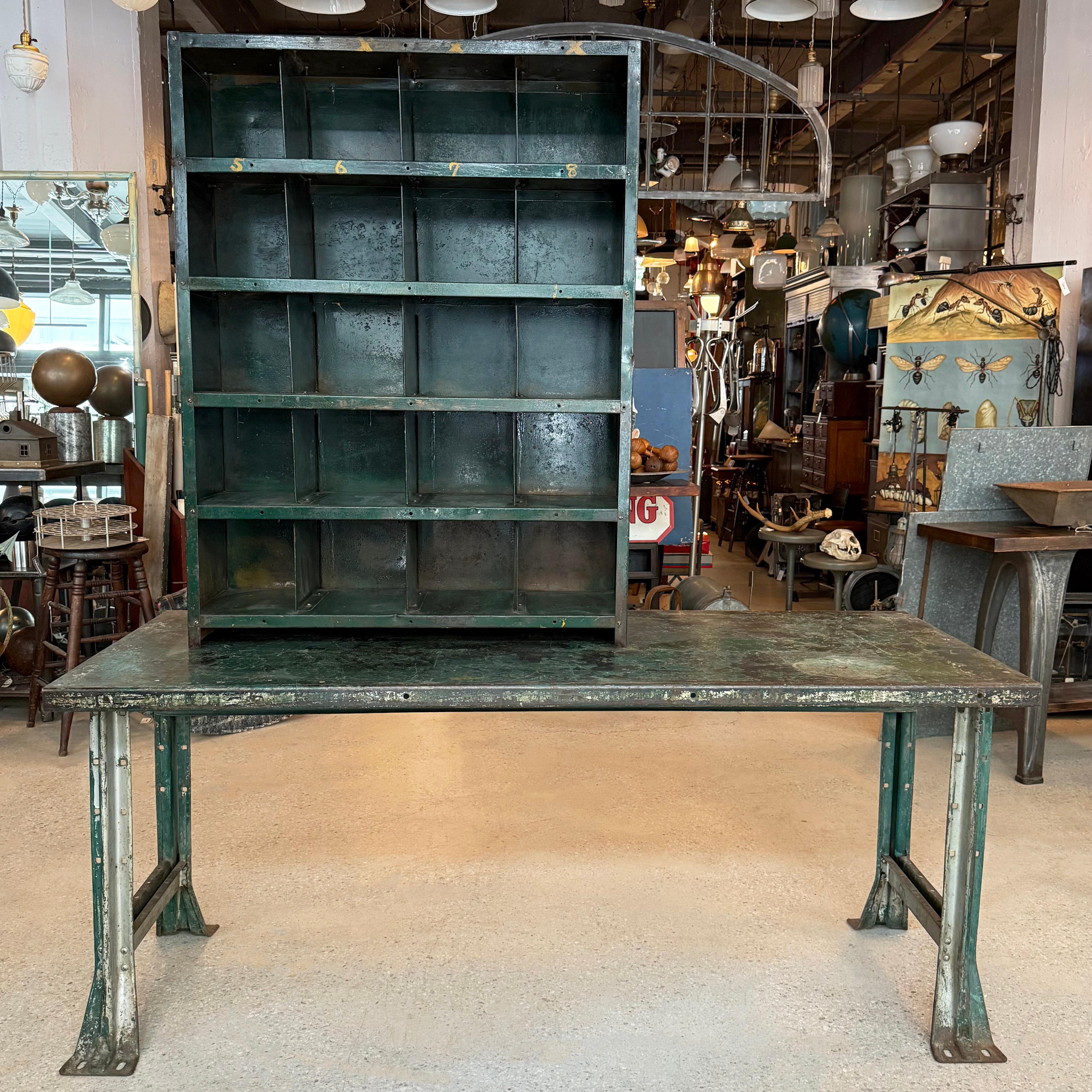 Painted Two Piece Industrial Green Metal Workbench With Cubby Tool Storage For Sale