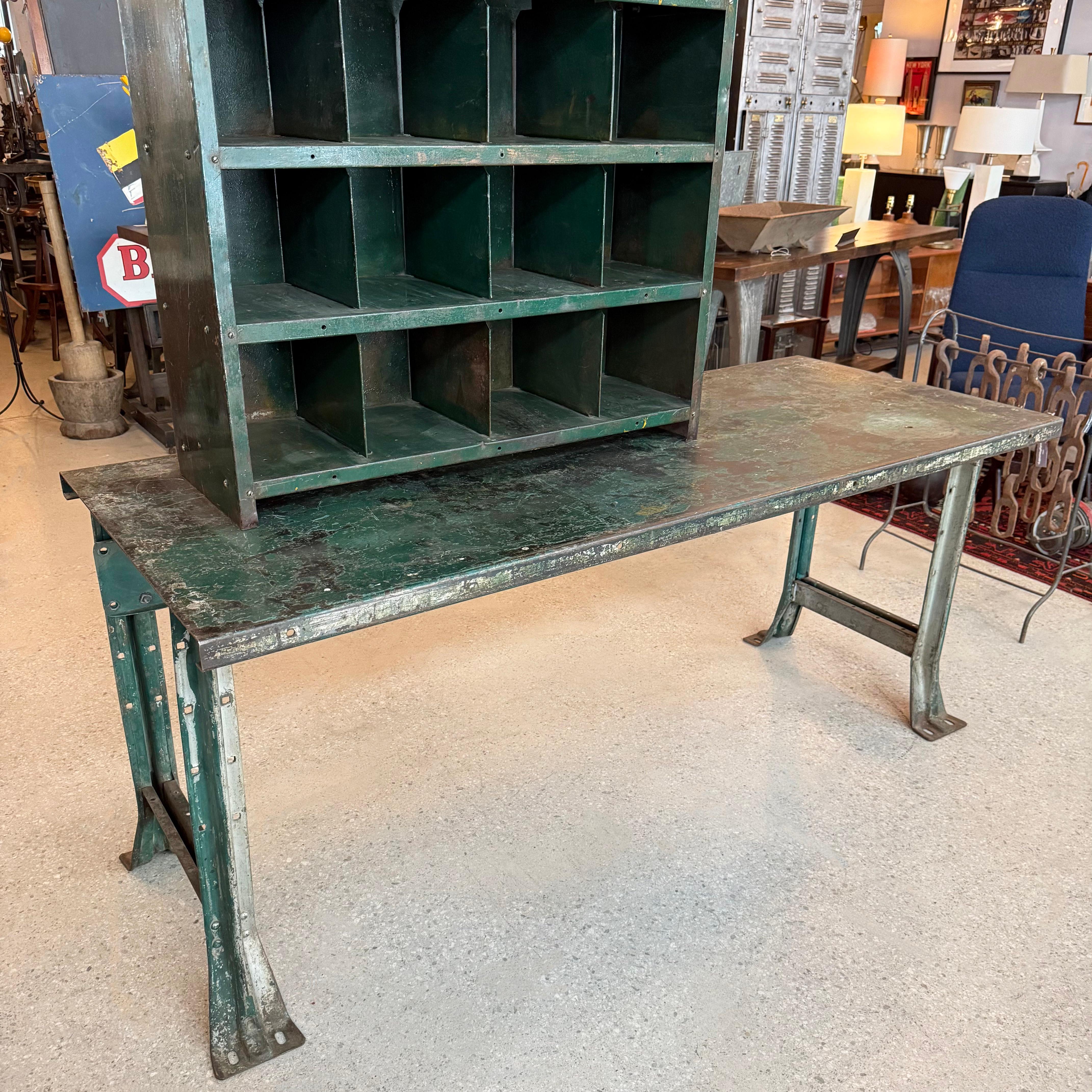 20th Century Two Piece Industrial Green Metal Workbench With Cubby Tool Storage For Sale