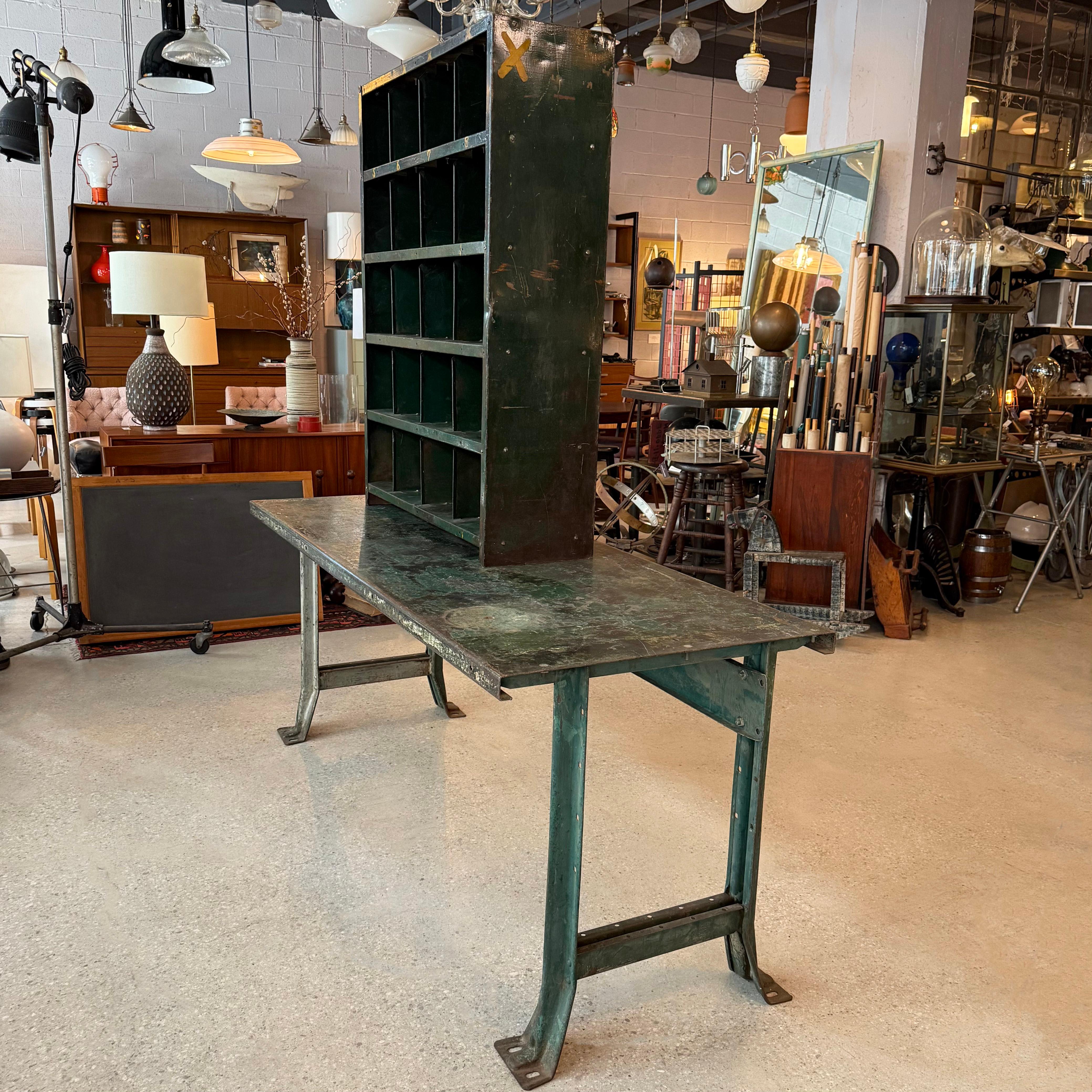 Steel Two Piece Industrial Green Metal Workbench With Cubby Tool Storage For Sale