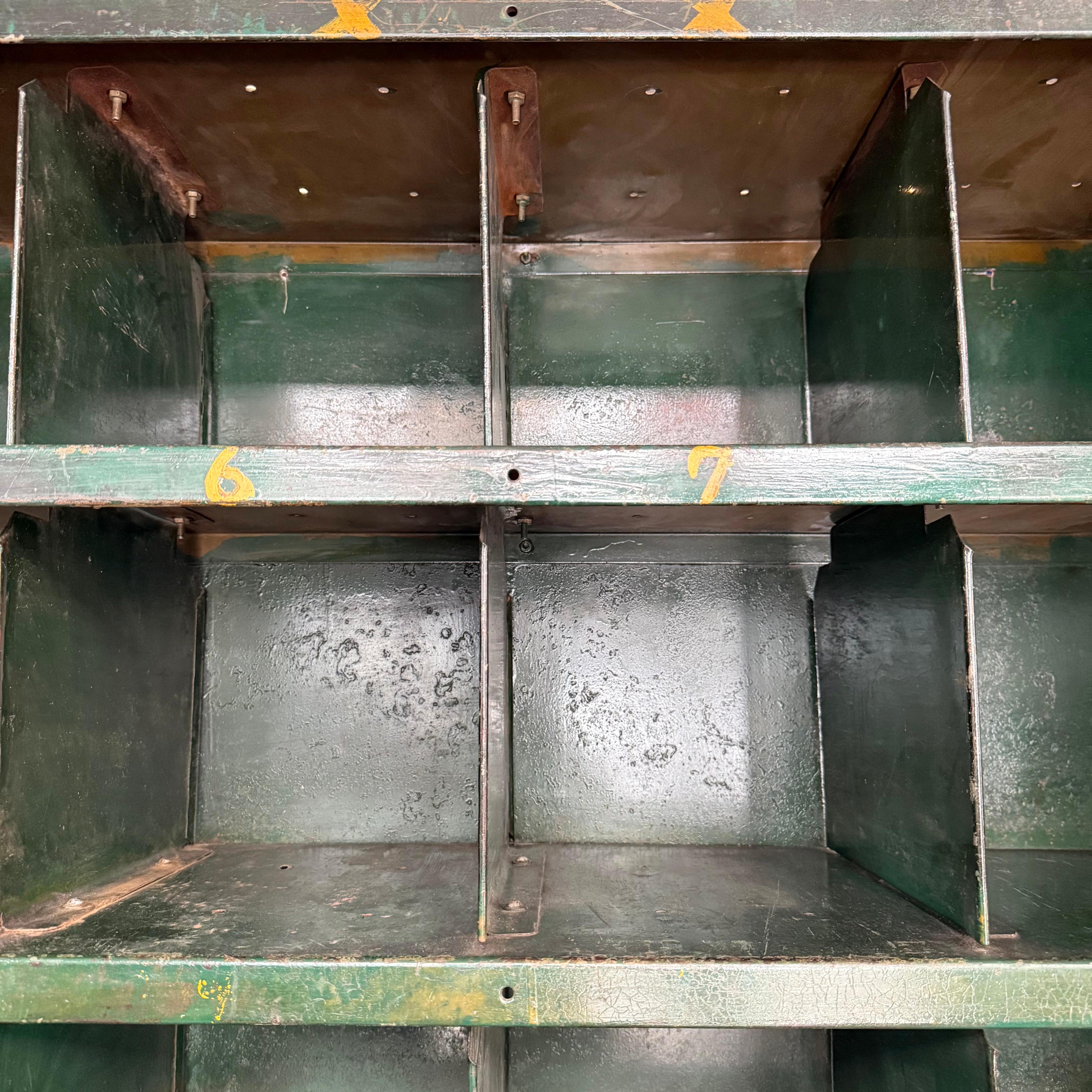 Two Piece Industrial Green Metal Workbench With Cubby Tool Storage For Sale 1