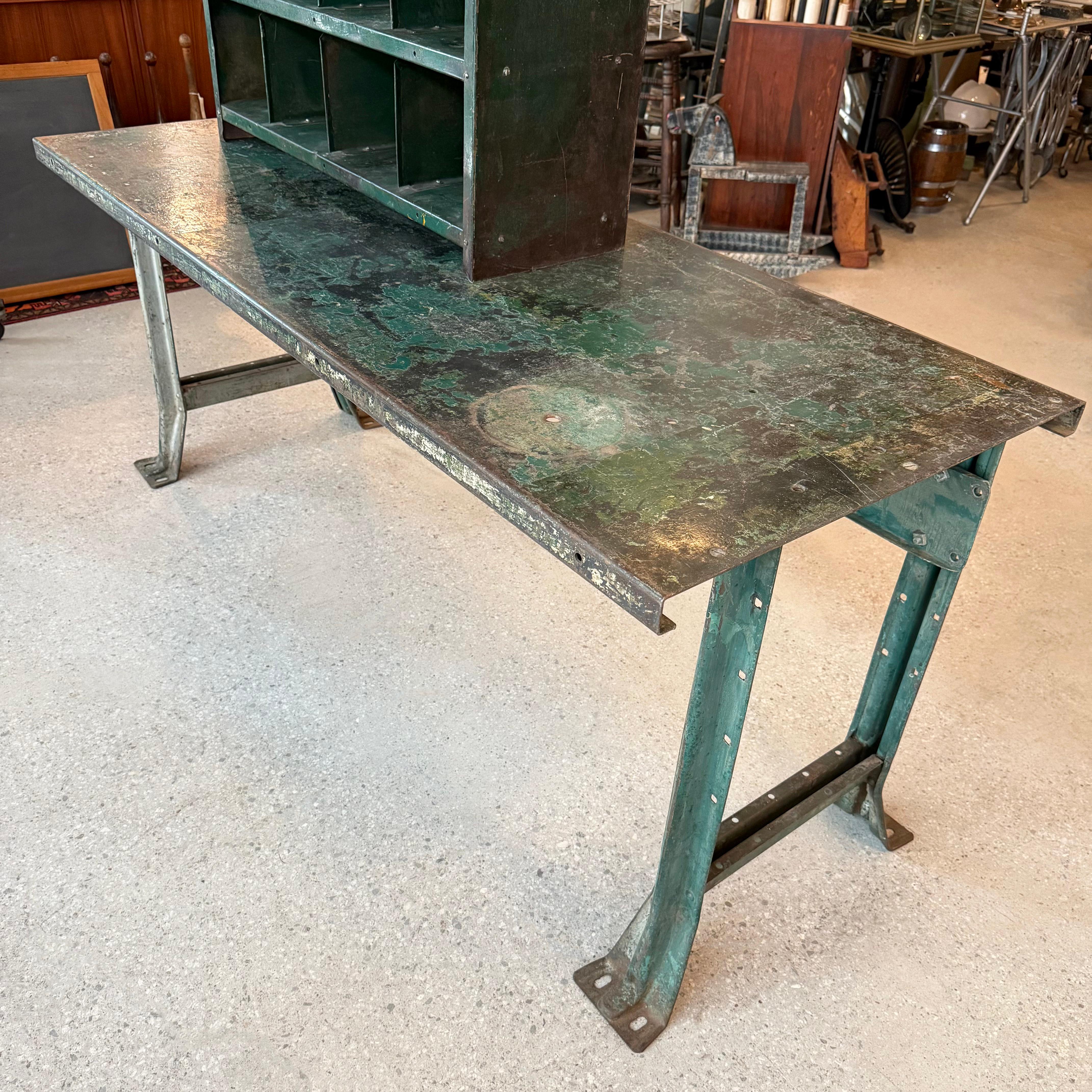 Two Piece Industrial Green Metal Workbench With Cubby Tool Storage For Sale 2