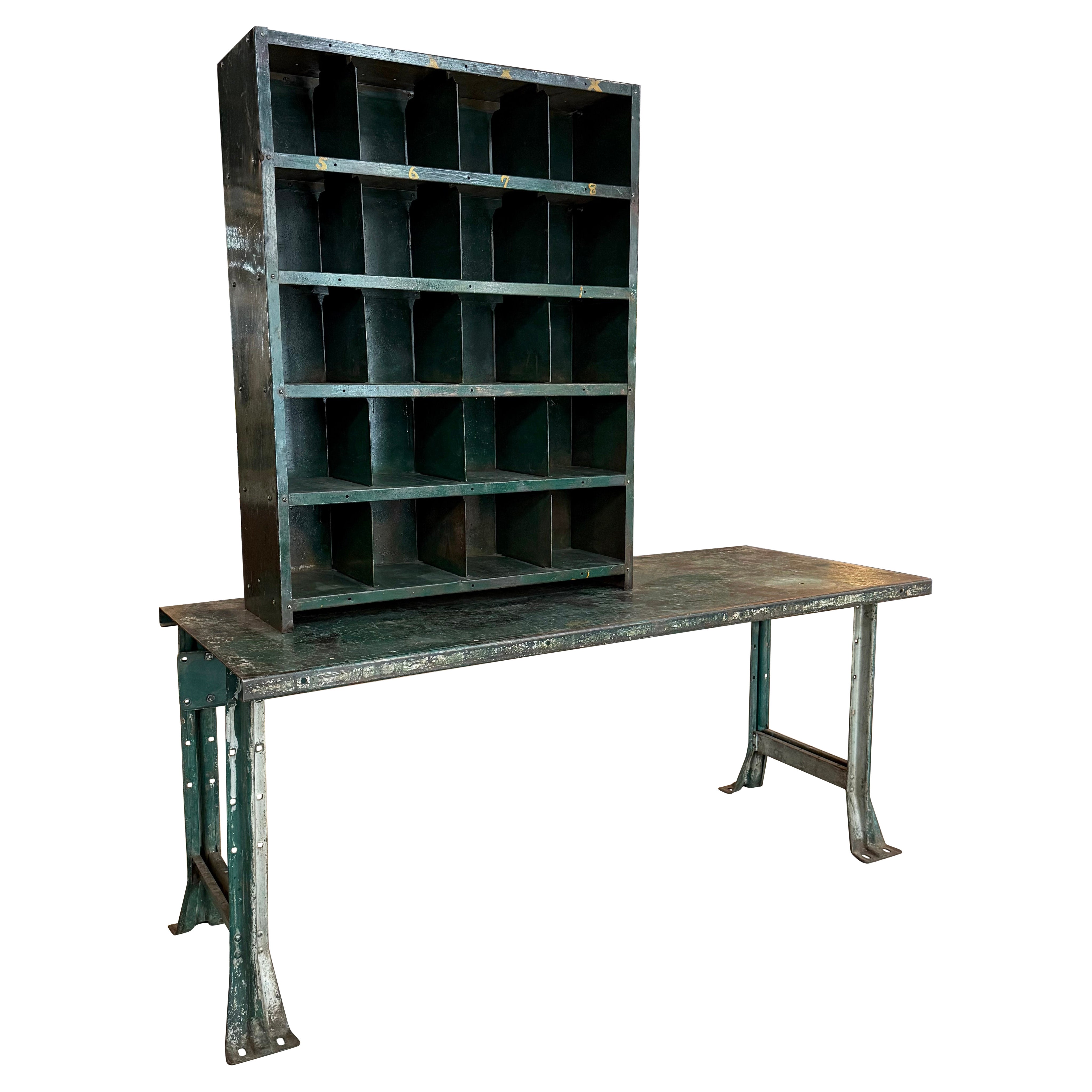 Two Piece Industrial Green Metal Workbench With Cubby Tool Storage For Sale
