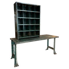 Two Piece Industrial Green Metal Workbench With Cubby Tool Storage